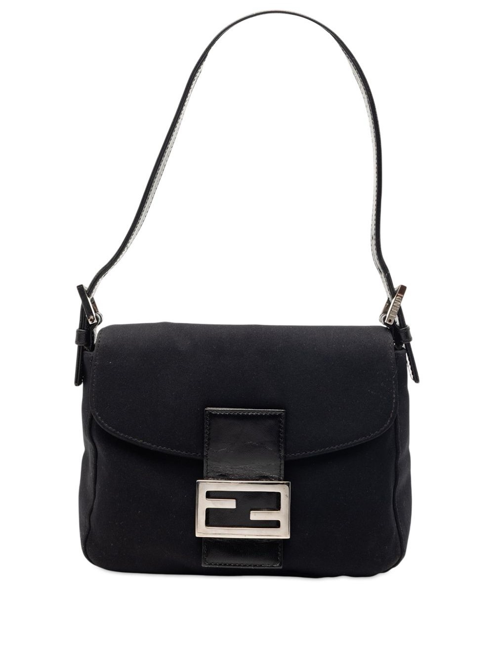 Vintage Fendi FF Logo Neoprene & Leather Baguette Shoulder Bag Black Silver